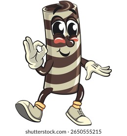 cute chocolate wafer roll mascot cartoon vector illustration dancing while giving the okay sign, funny dessert character in striped snack design for kids and food packaging, work of hand drawn
