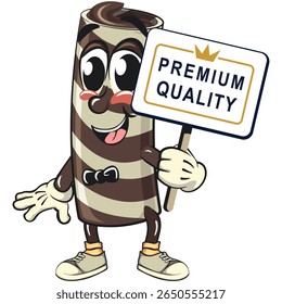 cute chocolate wafer roll mascot cartoon vector illustration with a sign that says premium quality, funny dessert character in striped snack design for kids and food packaging, work of hand drawn