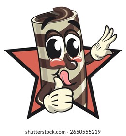 cute chocolate wafer roll mascot cartoon vector illustration out from of a star by giving a thumbs up s, funny dessert character in striped snack design for kids and food packaging, work of hand drawn