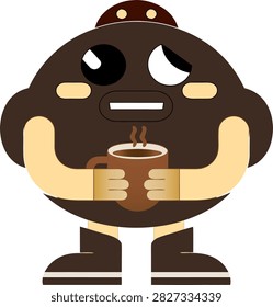 Cute, chocolate-colored creature holds steaming coffee mug. Large, round eyes show sleepy, contented expression. Simple design suits cartoon, children's, or cozy theme use. Perfect for coffee shops