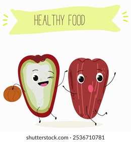 Cute chompu fruits, rose apple, Malabar plum characters, funny fruits, different activities. Flat vector illustration. Organic food, healthy food, illustrations for kids menu, invitations.