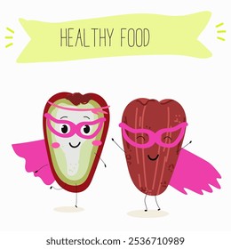 Bonitas frutas chompu, rosa maçã, Malabar personagens de ameixa, frutas engraçadas, diferentes atividades. Ilustração de vetor plano. Comida orgânica, comida saudável, ilustrações para menu infantil, convites.