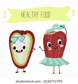 Cute chompu fruits, rose apple, Malabar plum characters, funny fruits, different activities. Flat vector illustration. Organic food, healthy food, illustrations for kids menu, invitations.
