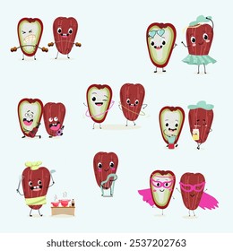 Cute chompu fruits, rose apple, Malabar plum characters, funny fruits, different activities. Flat vector illustration. Organic food, healthy food, illustrations for kids menu, invitations.