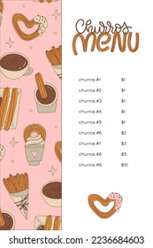 Cute chorrus menu template with various Latin American traditional bakery and pastry. Vector hand drawn cartoon or sketch style illustration.