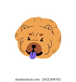 avatar de Cute Chow Chow. Feliz bozal de crío grande y esponjoso. El gracioso perro peludo muestra la lengua negra azul. Cara de cachorro de color Purebred. Retrato canino de mascotas. Ilustración vectorial aislada plana sobre fondo blanco