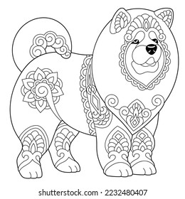 Cute chow chow dog. Adult coloring book page in mandala style