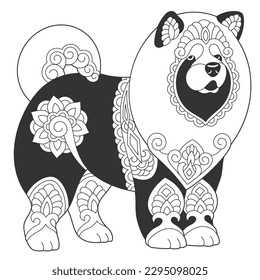 Cute chow chow dog design. Animal coloring page with mandala and zentangle ornaments