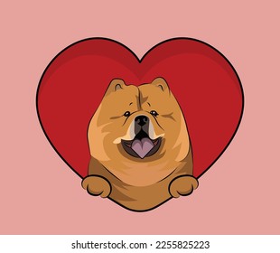 Cute Chow Chow dog hanging with paws in a big Valentine's day heart. Love heart with pet head and heart and footprint. Dog face Holding Pink Heart Cartoon Icon. St Valentine's day for dog funs.