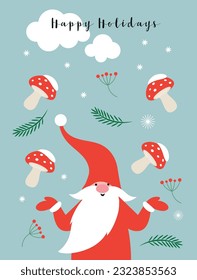 Cute Chrismas Gnome y amanita hongos. Felices Fiestas. Tarjeta de felicitación, tarjeta de Navidad