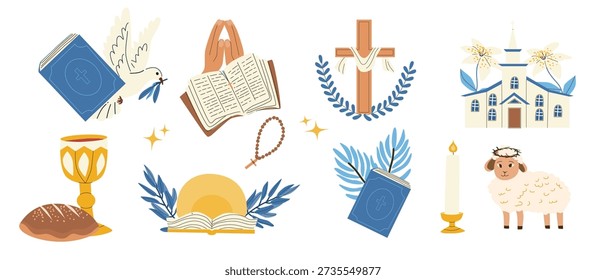 Cute Christian Easter element set with Jesus, cross, Bible, church, dove, lamb and lily. Religious cartoon symbols in flat vector style.