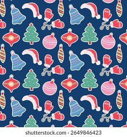 Cute Christmas accessories and holiday decorations, seamless pattern for holiday gift wrapping, greeting cards, textile printing. Vector.