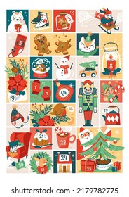 Cute Christmas advent calendar, Twenty five Christmas countdown tags, Hand drawn Vector illustrations.