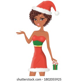 Cute christmas afro-american girl with a present. Isolated on white.