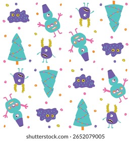 Cute Christmas alien monsters and trees in playful vector design with polka dots