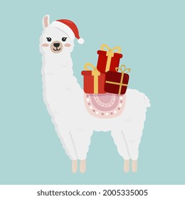 Cute christmas alpaca with gifts isolated on white background. Illustration for greeting cards, posters, stickers and seasonal design. Cute llama in santa hat