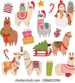 Cute Christmas Alpacas and Llamas Vector graphics set