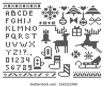 Cute christmas alphabet and decorative elements vector illustration. Knitted ugly sweater symbols with reindeers, jingle, bells, sleigh, ball, present, fir-tree, numeral, style design.Holidays concept