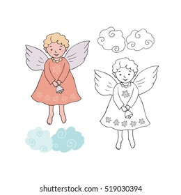 Cute Christmas angel with bell in cartoon style. Black and white and colorful for coloring book. Isolated vector illustration on white background