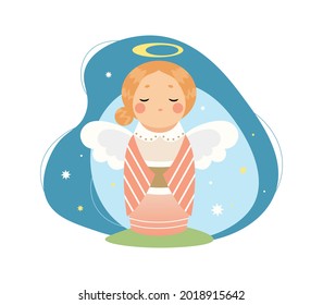 Cute Christmas Angel Blonde Girl with bun and nimbus praying isolated with halo. Blue and orange modern statuette illustration.	