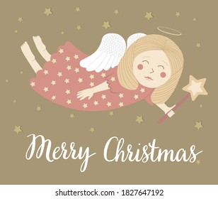 A cute Christmas angel flies across the starry sky. Charming blonde girl in a pink dress with a magic wand in her hand.