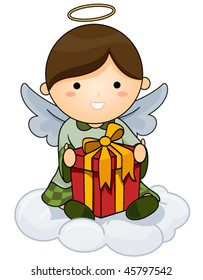 Cute Christmas Angel holding gift - Vector