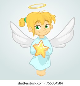 Cute Christmas angel holding a star. Vector illustration isolated
