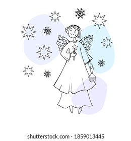 Cute Christmas angel on a background of stars and snowflakes.The girl has a flashlight in her hands. Hand drawn sketch. Line art. Vector illustration on snowy background. 
