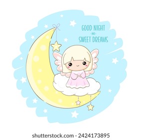 Cute Christmas angel on moon. Inscription Good night and sweet dreams. Little angel on crescent. Can be used for childish t-shirt prints, nursery poster, baby shower greeting card. Vector EPS8