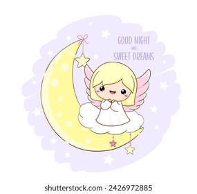 Cute Christmas angel on moon. Inscription Good night and sweet dreams. Little angel on crescent. Can be used for childish t-shirt prints, nursery poster, baby shower greeting card. Vector EPS8