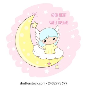 Cute Christmas angel on moon. Inscription Good night and sweet dreams. Little angel on crescent. Can be used for childish t-shirt prints, nursery poster, baby shower greeting card. Vector EPS8