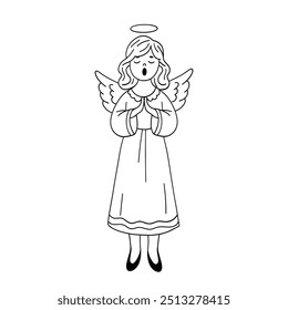 Un lindo ángel de Navidad cantando una canción. Una canción de Navidades. Una Pequeña chica con alas canta una canción religiosa. Navidades doodle ilustración.