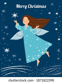 Cute christmas angel with a stars and snowflakes on a blue background. Little girl angel with blue wings flying in the sky. Christmas card