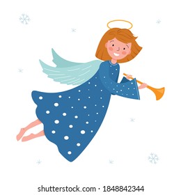 Cute christmas angel with a trumpet on a white background. Little girl angel with blue wings flying in the sky.