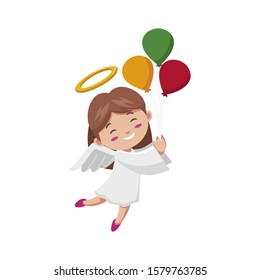 Cute Christmas Angel. Vector illustration in cartoon style. Isolated on white background. Christmas presents, Christmas flute, balloon.