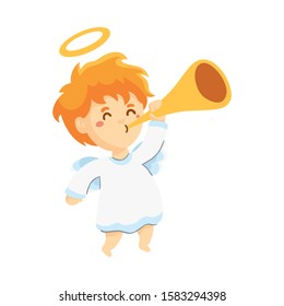 Cute Christmas Angel. Vector illustration in cartoon style. Isolated on white background. Christmas tree, Christmas flute.