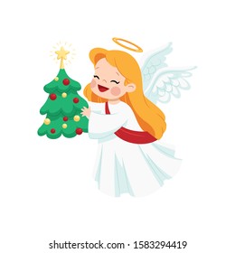 Cute Christmas Angel. Vector illustration in cartoon style. Isolated on white background. Christmas tree, Christmas flute.