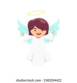 Cute Christmas Angel. Vector illustration in cartoon style. Isolated on white background. Christmas tree, Christmas flute.