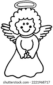 Cute christmas angel and wings   halo  Simple hand  drawn doodle  Black   white outline vector illustration for children coloring page