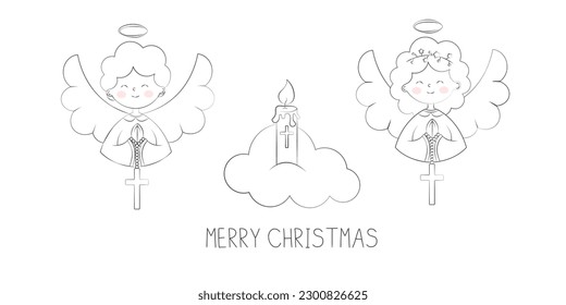 Cute Christmas Angels Boy and Girl Praying on Cloud Merry Christmas Greeting Vector Illustration in Doodle Style