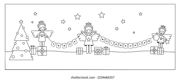 Cute Christmas Angels Holding a Frohe Weihnachten Garland 
under the starry sky