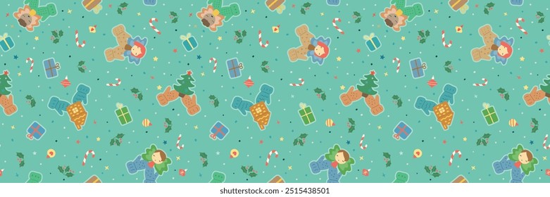 Cute Christmas angels seamless pattern. Hand drawn winter pattern background banner