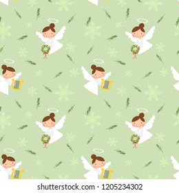 Cute Christmas angles and snowflake seamless pattern. Christmas season concept.