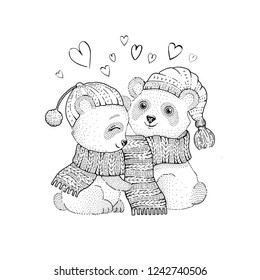 Cute Christmas animal, asian panda bear couple in knitted scarf. Merry Xmas, New Year cartoon chinese line icon. For girl t-shirt print, coloring book design. Hand drawn vector illustration isolated 