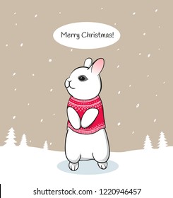 Cute Christmas animal bunny in sweater on snow. Merry Christmas greeting card with cartoon rabbit. - Vector