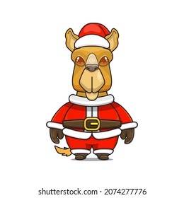 cute christmas animal camel wearing santa costume, cartoon animal in santa dress, front view. kawaii style, flat, glossy. for children or adults. for Christmas content