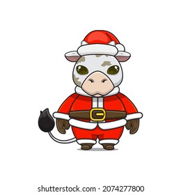 cute christmas animal cow wearing santa costume, cartoon animal in santa dress, front view. kawaii style, flat, glossy. for children or adults. for Christmas content