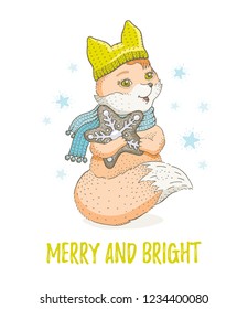 Cute Christmas animal, forest fox. Merry Xmas cartoon woodland foxy icon. Happy winter character. For girl t-shirt fashion print, poster design, card. Hand drawn symbol, vector illustration isolated 