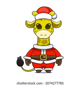 cute christmas animal giraffe wearing santa costume, cartoon animal in santa dress, front view. kawaii style, flat, glossy. for children or adults. for Christmas content