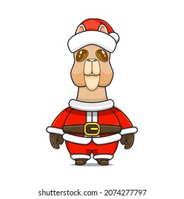 cute christmas animal llama or alpaca wearing santa costume, cartoon animal in santa dress, front view. kawaii style, flat, glossy. for children or adults. for Christmas content